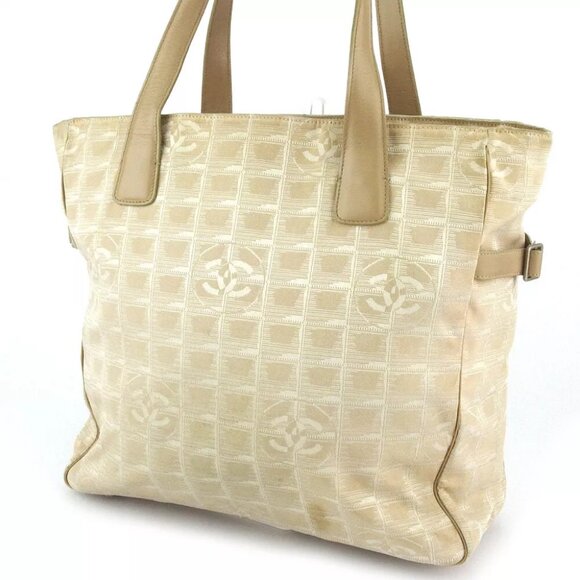 CHANEL tote bag New Travel line beige nylon jacquard ?~ leather used T19138 - Picture 1 of 9